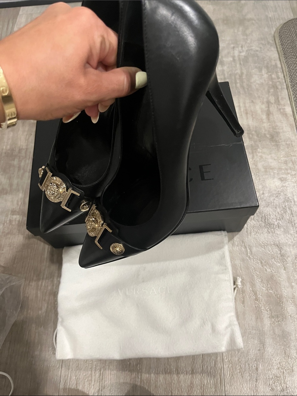 Versace Black Leather Pointed-Toe Stiletto Heels with Gold Medusa Hardware - Picture 4 of 7